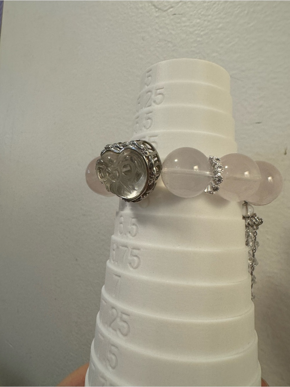 Rose quartz chunk large beaded bracelet sweetheart charm with tassel dangle